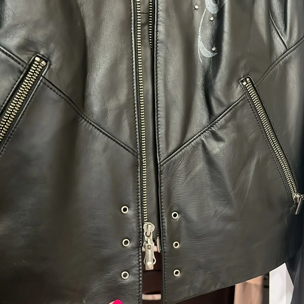 Black Studded Leather Jacket with Embossed Detail - Picture 8 of 13